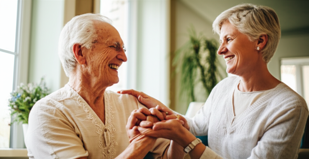 Professional carer supporting a smiling senior at home