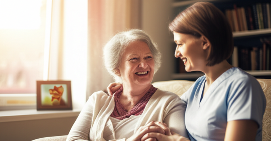 Carer smiling with a senior at home